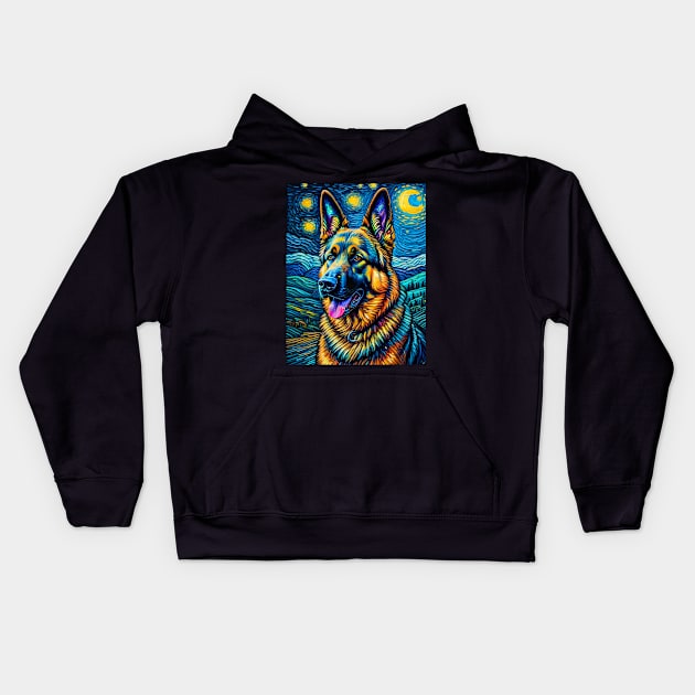 German Shepherd in starry night Kids Hoodie by FUN GOGH